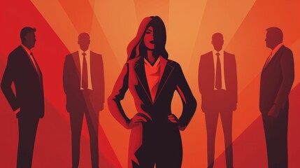 Woman standing against men in business suits