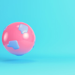 Pink cartoon style planet with islands on bright blue background in pastel colors