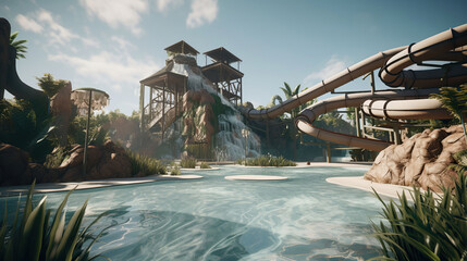 A photorealistic waterpark with clean sharp shapes, natural lighting, Generative AI - obrazy, fototapety, plakaty