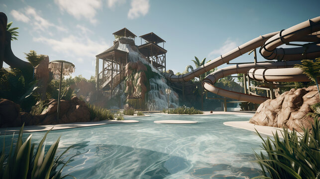 A photorealistic waterpark with clean sharp shapes, natural lighting, Generative AI
