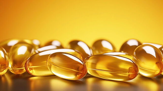 Bunch of omega 3 fish liver oil capsules. Healthy every day nutritional supplement. Generative AI