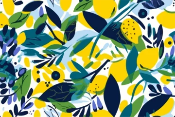 Foto op Plexiglas Hand drawn abstract artistic lemon citrus fruits pattern. Collage playful contemporary print. Fashionable template for design © Eli Berr