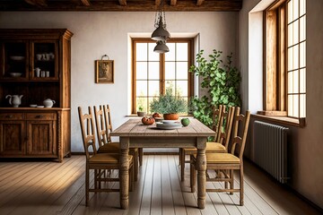 A rustic dining room with a wooden table and matching chairs. Generative Ai.