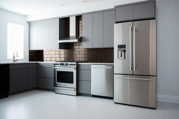 A minimalist kitchen with stainless steel appliances and countertops. Generative Ai.