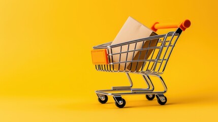 Small paper shopping bags with shopping cart on yellow background