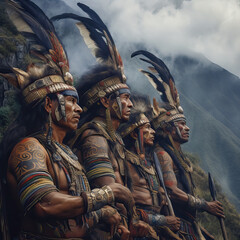 Indigenous Inca warriors standing on a mountain side, Generative AI portrait
