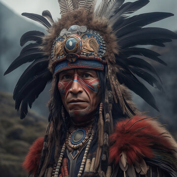 Portrait of an indigenous warrior in Latin America, Generative AI