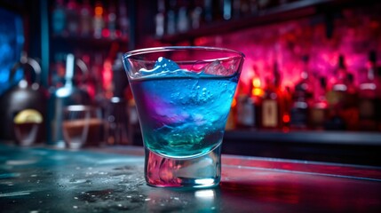 Cocktail blue lagoon, dans un verre avec glaçons sur un bar en zinc, ambiance lumineuse d'un club en arrière plan, illustration ia générative