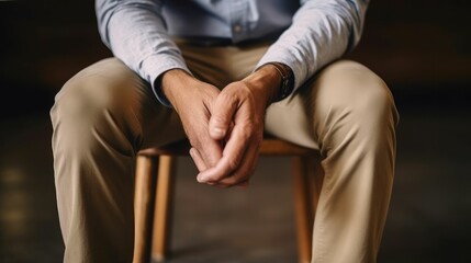 A person sitting with knees clenched together