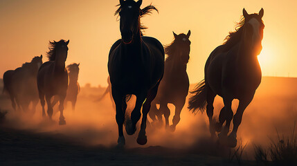 Horses running on plains at dusk and sunset, silhouette of running stallions, wild horses running, , Generative AI