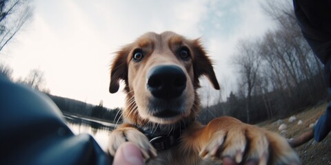A dog is being held up to the person s hand in the style of fish-eye lens and irreverent humor, concept of Distorted perspective, created with Generative AI technology