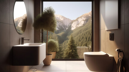 A Wall mounted smart closet tool in bathroom, in the style of organic nature - inspired forms, realistic rendering, mountainous vistas, traditional. Generative AI