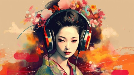 Geisha in headphones