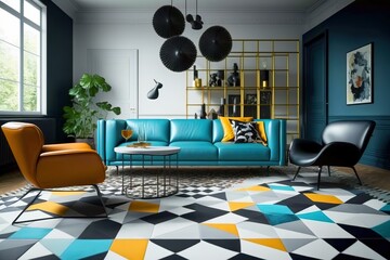 A chic and modern living room with a large geometric rug and a leather sofa. Generative Ai.