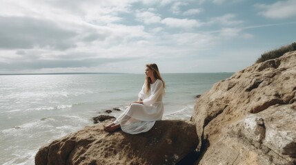 Fototapeta na wymiar Portrait of a woman sitting on a white cliff at the seaside