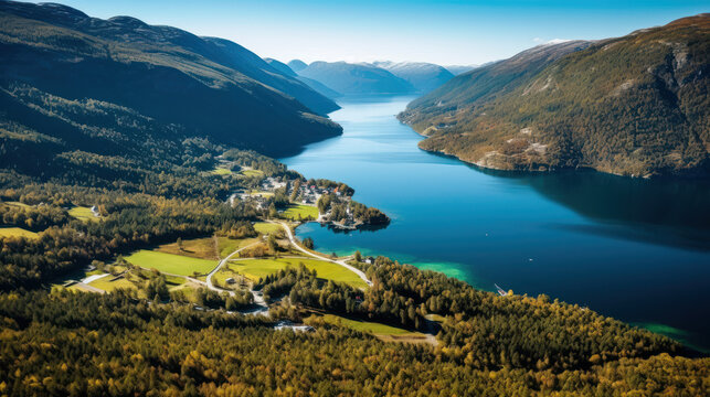 Aerial Majesty: Captivating Norwegian Fjord Landscape. Generative AI