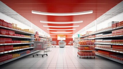 Supermarket shelves with various goods
