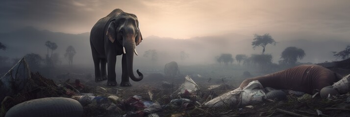 Serene yet poignant image of a majestic elephant standing alone in a barren landscape, surrounded by trash, concept of Ecological disruption, created with Generative AI technology