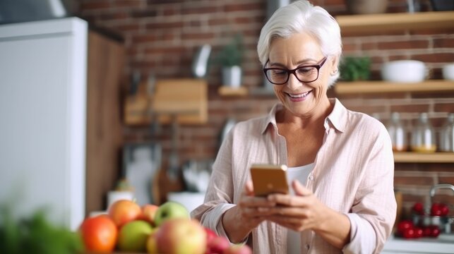 Senior woman using smartphone in kitchen