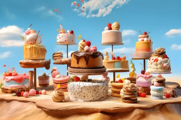 a lot of cakes against a background of blue sky. delicious desserts. food art. Generative AI
