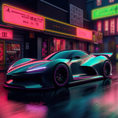 Beautiful futuristic car on an iridescent neon lit street in a city, Generative AI illustration