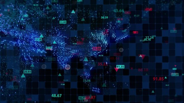 Changing stock market data against the backdrop of a digital map of the Earth. Movable camera. Movements in the financial market. Virtual display of quotes. Looped, 4K
