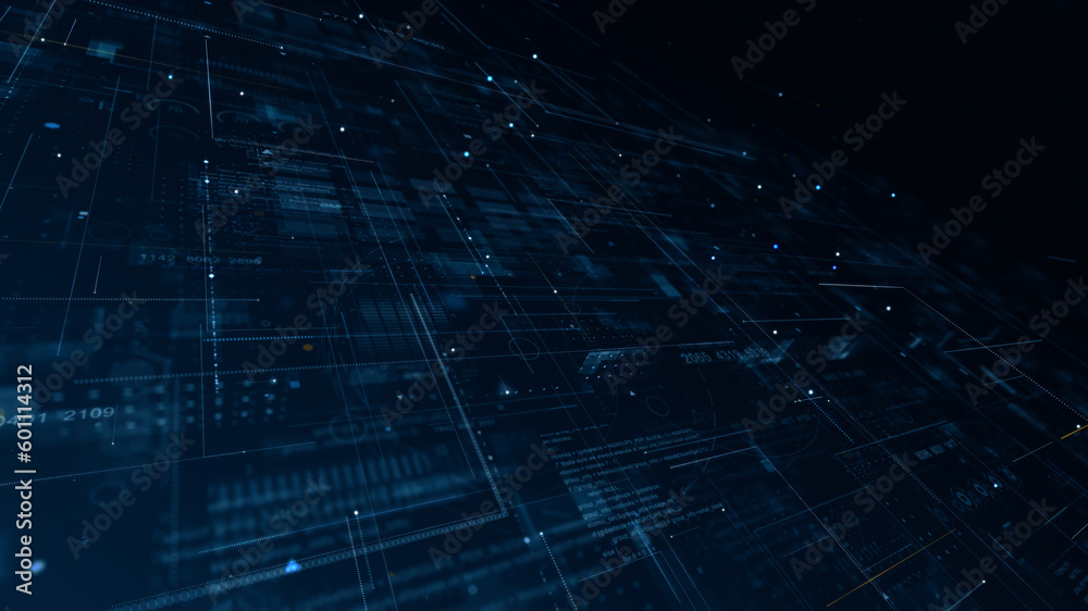 Poster blue data matrix simulation digital line and grid perspective technology with futuristic hud screen 