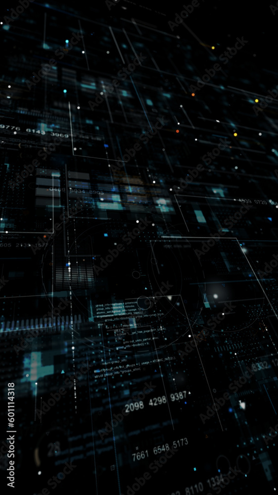 Poster blue data matrix simulation digital line and grid perspective technology with futuristic hud screen 