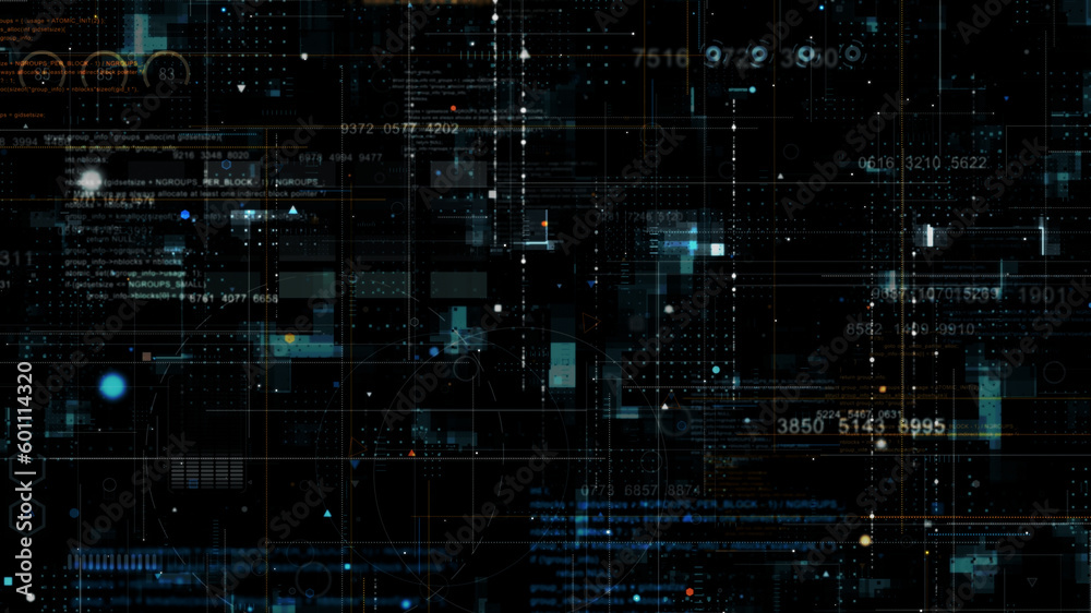 Poster blue data matrix simulation digital line and grid technology with futuristic hud screen on black bac