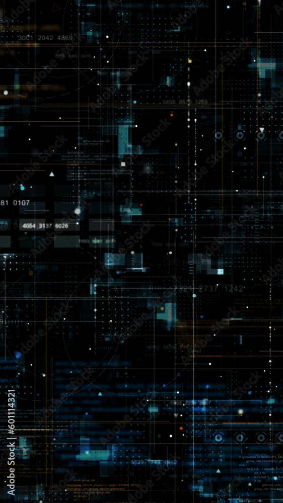 Poster blue data matrix simulation digital line and grid technology with futuristic hud screen on black bac