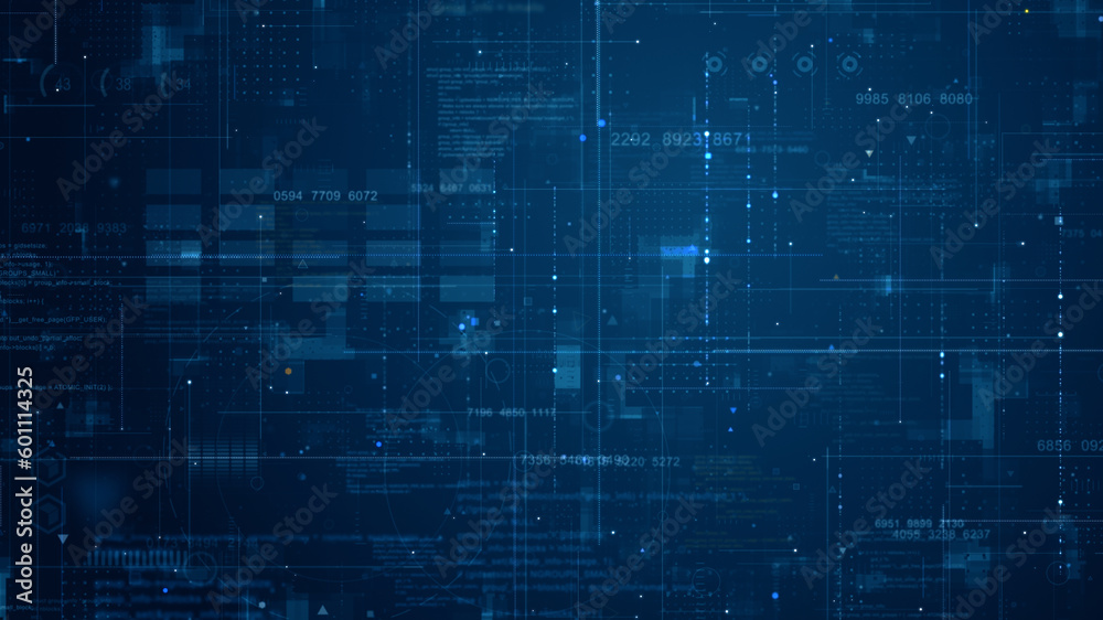 Fototapete blue data matrix simulation digital line and grid technology with futuristic hud screen on abstract 