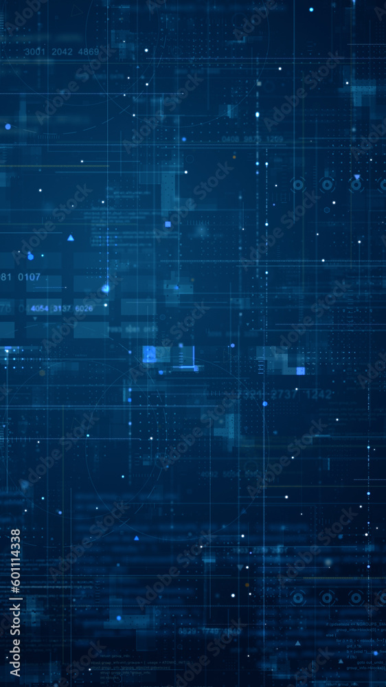 Poster blue data matrix simulation digital line and grid technology with futuristic hud screen on blue back