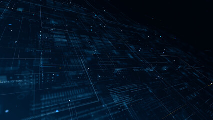 Blue data matrix simulation digital line and grid perspective technology with futuristic HUD screen abstract background concept