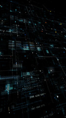 Blue data matrix simulation digital line and grid perspective technology with futuristic HUD screen on black abstract background and vertical video concept