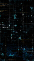 Blue data matrix simulation digital line and grid technology with futuristic HUD screen on black background and vertical video abstract background concept