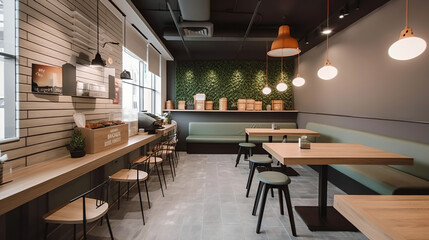 Shooting of the interior of a modern cafe with chairs and tables, The decor is sleek and minimalist, with a soothing color palette of whites, grays, and earthy greens. Generative AI