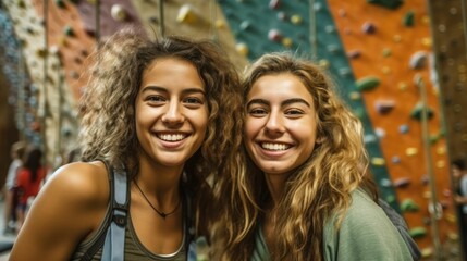 Fototapeta premium Portrait of female rock climbers at climbing center