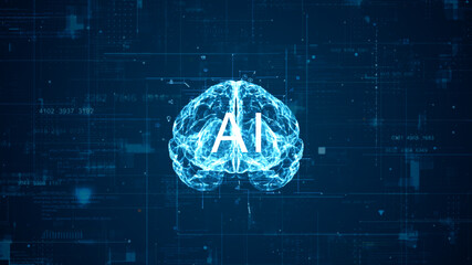 3D blue particle brain logo with artificial intelligence (AI) and grid line with technology icon rotation on abstract background concept