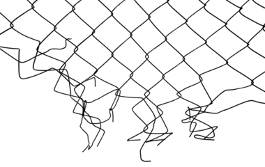 The texture of the metal mesh. Torn, destroyed, broken metal mesh on a white background