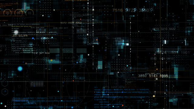Blue data matrix simulation digital line and grid technology with futuristic HUD screen on black background abstract background concept