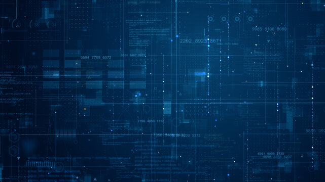 Blue data matrix simulation digital line and grid technology with futuristic HUD screen on abstract background concept