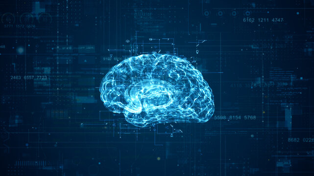 3D blue particle brain logo with artificial intelligence (AI) and grid line with technology icon rotation on abstract background concept