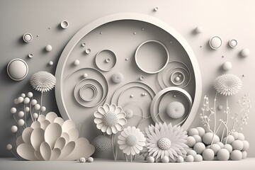 3d mural illustration wallpaper with flowers and circles in light gray background. Generative Ai.