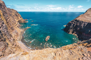 Fototapeta na wymiar View of a strait from a steep cliff. São Lourenço, Madeira Island, Portugal, Europe.