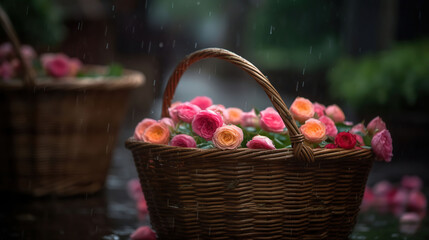 A basket full of roses after the rain, bokeh background. Generative AI
