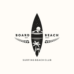 surfboard beach panorama vintage logo vector minimalist illustration design, surfing beach club logo design