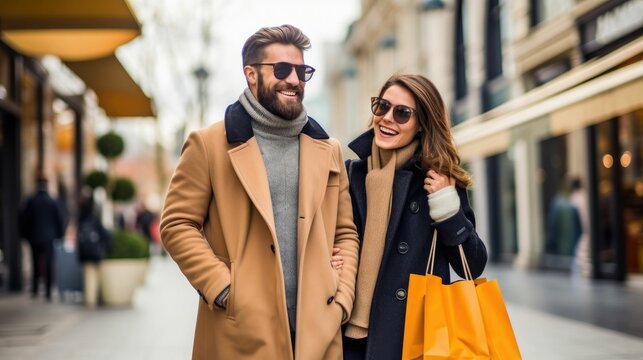 Young happy couple with shopping bags in the city