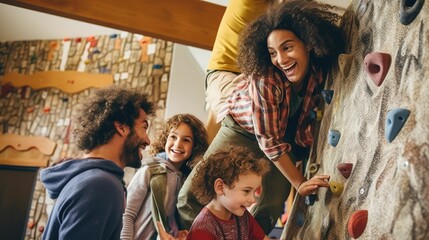 Obraz premium Multi-ethnic family playing on climbing gym