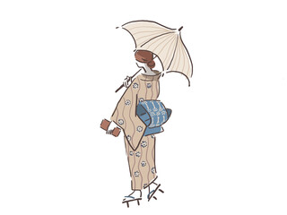 日傘を持って歩く着物姿の女性（背景白）
