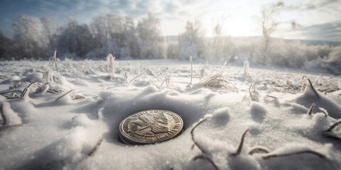 Money coin covered by ice and snow, winter landscape background, concept of Financial Crisis, created with Generative AI technology